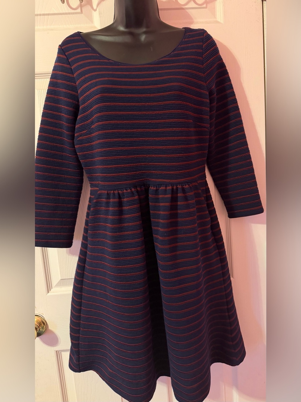 Maeve Navy and Burgundy Striped Knit Brenna Dress Sz 10